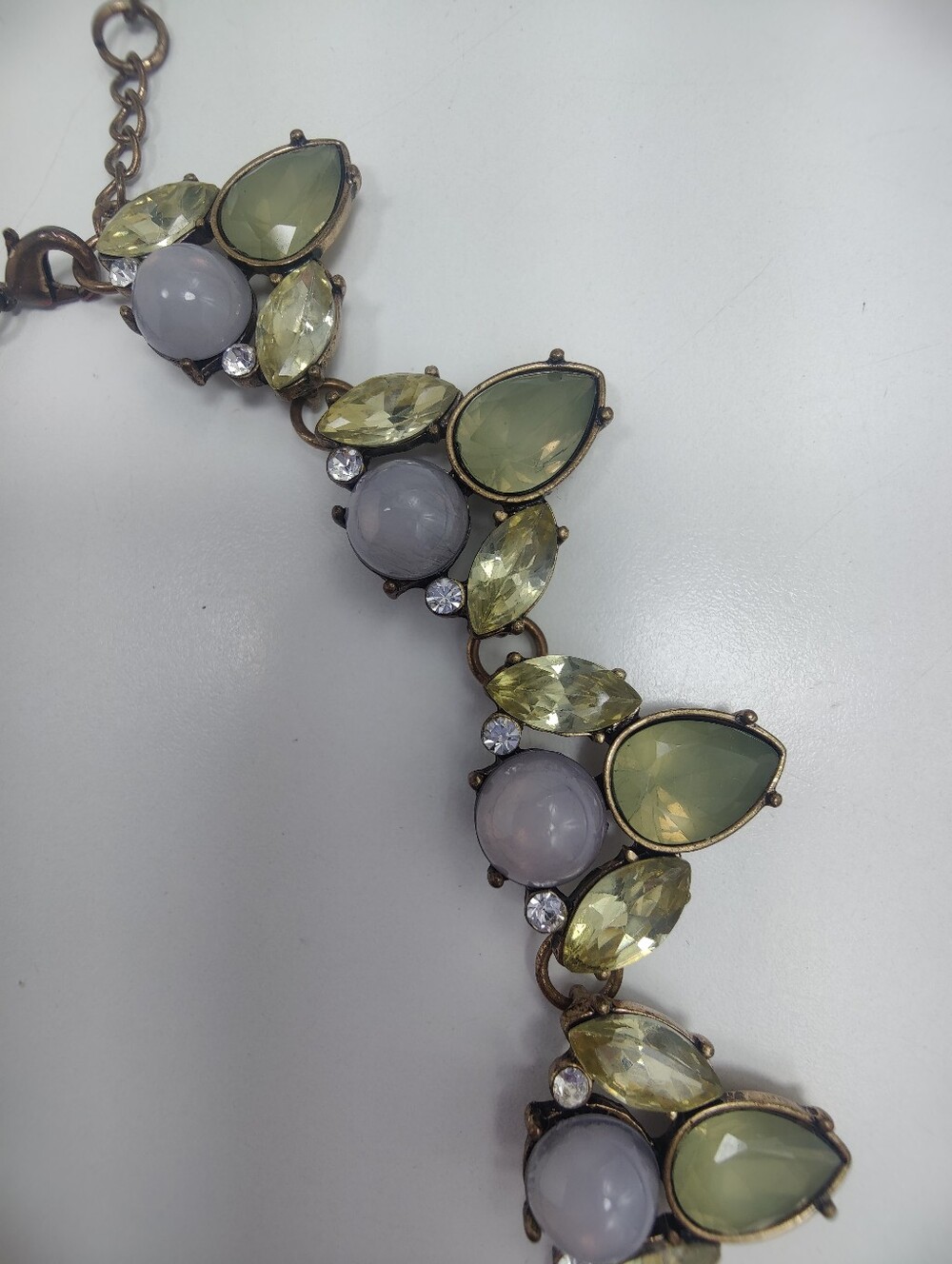 Vintage Style Lavender Green Statement Necklace Bronze Tone Rhinestone Floral - Picture 5 of 10